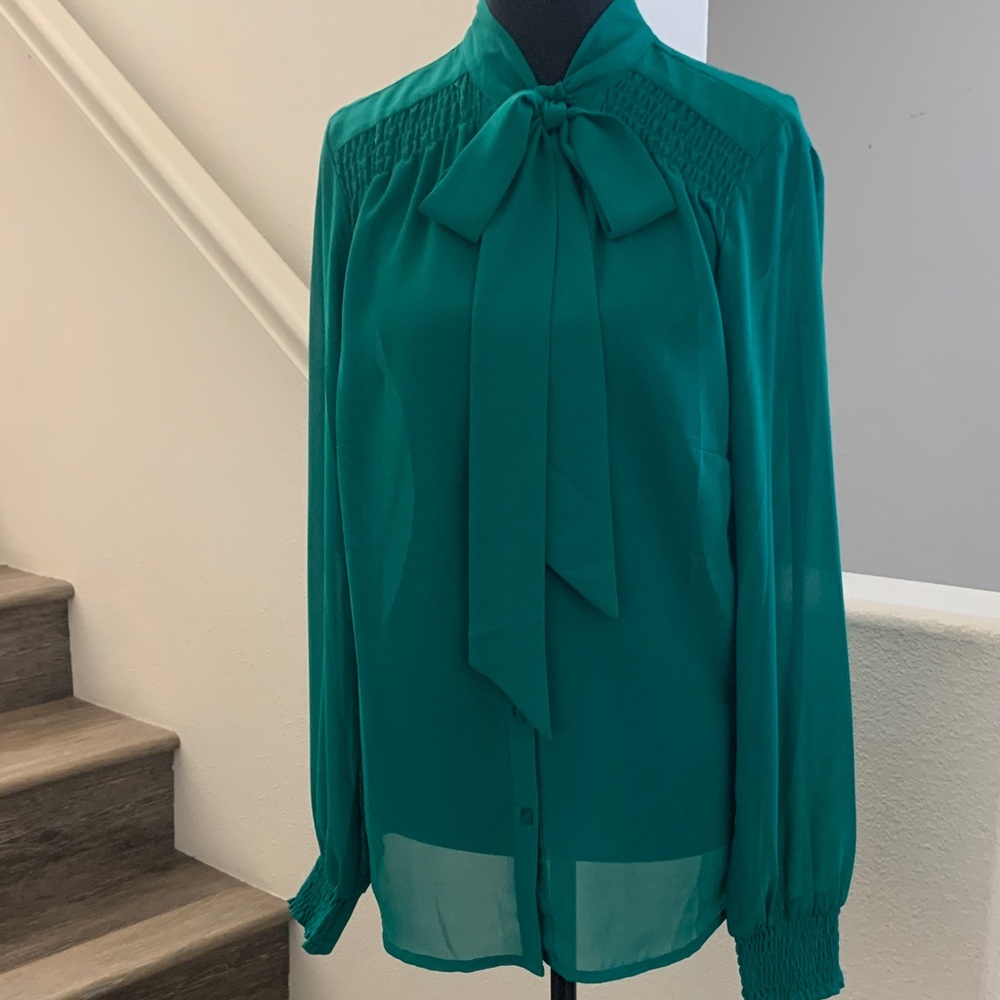 VENUS Sheer Emerald Green Blouse with Elegant Bow .